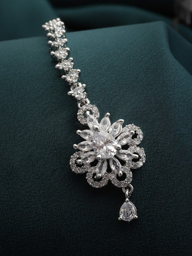 Rhodium-Plated-Silver-Toned-&-White-AD-Studded-Maangtika